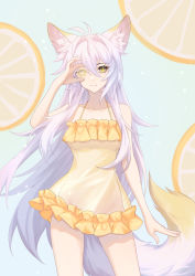 Rule 34 | 1girl, absurdres, animal ear fluff, animal ears, blue background, breasts, closed mouth, collarbone, dress, food, fruit, hair between eyes, highres, holding, holding food, holding fruit, kirby d a, lemon, lemon slice, light smile, long hair, looking at viewer, medium breasts, original, sleeveless, sleeveless dress, slit pupils, solo, standing, tail, thighs, very long hair, white hair, yellow dress, yellow eyes