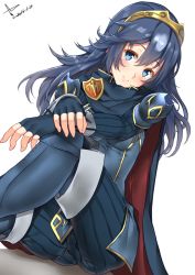 Rule 34 | 1girl, bad id, blue cape, blue eyes, blue footwear, blue gloves, blue hair, blue pantyhose, blue theme, blush, boots, cape, dated, dutch angle, emblem, fingerless gloves, fire emblem, fire emblem awakening, gloves, hair between eyes, hands on own knee, head tilt, january, long hair, looking at viewer, lucina (fire emblem), matching hair/eyes, nintendo, pantyhose, shiny clothes, shoulder pads, signature, sitting, skin tight, smile, solo, striped, tiara, very long hair, yappen, yatsu (sasuraino)