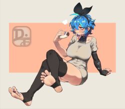 Rule 34 | 1girl, aqua hair, arm support, artist logo, black hairband, black thighhighs, blue hair, blue nails, breasts, brown eyes, commentary, covered collarbone, crossed legs, dif (difman), difman, dorsiflexion, eating, elbow gloves, english commentary, feet, fingerless gloves, full body, gloves, grey shirt, grey shorts, hair between eyes, hairband, highres, holding, impossible clothes, impossible shirt, invisible chair, large breasts, leaning back, legs, mole, mole under eye, multicolored hair, nail polish, no shoes, original, shirt, short hair, shorts, sitting, skindentation, soles, solo, spread toes, stirrup legwear, streaked hair, thighhighs, thighs, toeless legwear, toenail polish, toenails, toes, two-tone background, undershirt