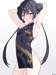 Rule 34 | 1girl, absurdres, armpits, arms behind head, arms up, bare arms, bare shoulders, black dress, black hair, blue archive, breasts, china dress, chinese clothes, closed mouth, cowboy shot, dragon print, dress, expressionless, grey eyes, hair bun, highres, kisaki (blue archive), long hair, looking at viewer, maru.selinn, no panties, pelvic curtain, print dress, short dress, sleeveless, sleeveless dress, small breasts, solo, standing, thighs, twintails