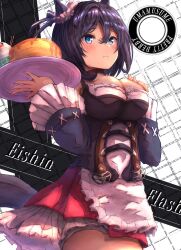 Rule 34 | 1girl, animal ears, artist name, bare shoulders, black hair, blue eyes, blush, breasts, character name, cleavage, closed mouth, commentary request, copyright name, cowboy shot, detached sleeves, dirndl, dress, ear ornament, eishin flash (umamusume), food, frilled dress, frills, german clothes, hair between eyes, highres, holding, holding plate, horse ears, horse girl, horse tail, large breasts, long sleeves, pancake, pancake stack, partial commentary, plate, short hair, solo, tail, tsetainsu, umamusume