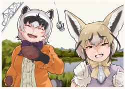 Rule 34 | 3girls, animal ears, black gloves, blonde hair, blush, bow, bowtie, center frills, closed eyes, commentary request, common raccoon (kemono friends), crab-eating raccoon (kemono friends), elbow gloves, extra ears, fox ears, fox girl, fox tail, frilled sleeves, frills, fur trim, gloves, grey gloves, grey hair, highres, kemono friends, long sleeves, multiple girls, orange shirt, pink sweater, raccoon ears, raccoon girl, raccoon tail, rueppell&#039;s fox (kemono friends), shirt, short sleeves, sweater, tail, toriny, white fur, white gloves, white hair, white shirt, yellow bow, yellow bowtie