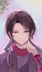 Rule 34 | 10s, 1boy, blush, hand on own neck, kashuu kiyomitsu, long hair, looking at viewer, low ponytail, lowres, male focus, mole, mole under mouth, red eyes, red scarf, scarf, solo, sweat, toi (toiot), touken ranbu, upper body