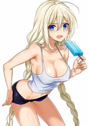 Rule 34 | 1girl, ahoge, black shorts, blue eyes, braid, breasts, cleavage, fang, food, hair between eyes, holding, holding food, kizuna akari, large breasts, leaning forward, long hair, looking at viewer, midriff, navel, open mouth, popsicle, shirt, short shorts, shorts, sideboob, silver hair, simple background, sleeveless, sleeveless shirt, solo, standing, stomach, twin braids, twintails, very long hair, voiceroid, white background, white shirt, yodare (3yami8)