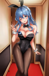 Rule 34 | 1girl, animal ears, bad id, bad pixiv id, bare shoulders, black leotard, blue eyes, blue hair, blush, bow, bowtie, breasts, brown pantyhose, cleavage, collarbone, detached collar, fake animal ears, gotland (kancolle), hair between eyes, hair bun, hand up, highres, indoors, kantai collection, large breasts, leotard, long hair, looking at viewer, mole, mole under eye, nanashiki fuuka, open mouth, pantyhose, playboy bunny, rabbit ears, single hair bun, smile, solo, wrist cuffs