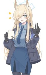 Rule 34 | 1girl, animal ear fluff, animal ears, armband, black gloves, black jacket, blonde hair, blue archive, blue eyes, blue skirt, blush, breasts, coffee mug, cup, gloves, hair over one eye, halo, highres, holding, holding cup, jacket, kanna (blue archive), large breasts, looking at viewer, mug, pantyhose, shino duka, simple background, skirt, solo, waving, white background