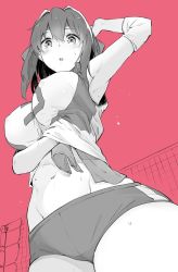 Rule 34 | 10s, 1girl, :o, arm up, armpits, blush, breasts, buruma, clothes lift, covered erect nipples, elbow pads, flying sweatdrops, girls und panzer, greyscale, greyscale with colored background, hair between eyes, hand under clothes, hand under shirt, headband, impossible clothes, impossible shirt, kondou taeko, large breasts, looking at viewer, looking down, monochrome, muteki soda, navel, pink background, shirt, shirt lift, short hair, simple background, sleeveless, sleeveless shirt, solo, sportswear, spot color, sweat, towel, volleyball net, volleyball uniform, wiping sweat