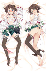 Rule 34 | 10s, 1girl, ass, bad id, bad pixiv id, bare shoulders, bed sheet, bespectacled, blue eyes, blush, breasts, brown hair, dakimakura (medium), detached sleeves, glasses, hairband, hiei (kancolle), japanese clothes, kantai collection, legs, lying, multiple views, nipples, no legwear, nontraditional miko, ogami kazuki, on back, on side, open mouth, panties, panties around leg, pink panties, ribbon-trimmed sleeves, ribbon trim, sarashi, short hair, small breasts, thighhighs, underwear, undone sarashi, undressing, wavy mouth