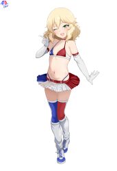 Rule 34 | 1girl, ;d, absurdres, bare shoulders, bikini, blonde hair, blush, boots, breasts, chile, chilean flag, chilean flag bikini, choker, collarbone, elbow gloves, female focus, full body, gloves, green eyes, hair between eyes, highres, idolmaster, idolmaster cinderella girls, idolmaster cinderella girls u149, long glove, looking at viewer, medium hair, microskirt, midriff, miniskirt, mrhunking, navel, one eye closed, open mouth, pleated skirt, pointing, sakurai momoka, simple background, skirt, small breasts, smile, solo, standing, standing on one leg, stomach, swimsuit, thighhighs, white background, white gloves, zettai ryouiki