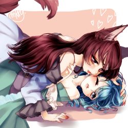 Rule 34 | 2girls, animal ears, blue eyes, blue hair, blush, drooling, fang, girl on top, hand on another&#039;s head, hands on another&#039;s shoulders, head tilt, heart, imaizumi kagerou, japanese clothes, kimono, licking, long hair, looking at another, mokokiyo (asaddr), multiple girls, saliva, saliva trail, slit pupils, tail, touhou, wakasagihime, wolf ears, wolf tail, yuri