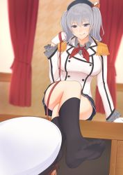 Rule 34 | 10s, 1boy, 1girl, arm support, black legwear, blue eyes, blush, crossed legs, desk, feet, hair between eyes, hat, jacket, kantai collection, kashima (kancolle), leash, licking lips, long hair, military jacket, neckerchief, no shoes, on desk, on table, pov, red neckerchief, silver hair, sitting, smile, socks, soles, table, tongue, tongue out, twintails
