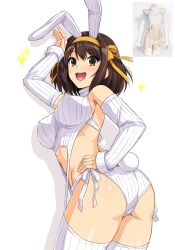Rule 34 | 1girl, :d, animal ears, arm up, ass, bob cut, brown eyes, brown hair, commentary request, detached sleeves, fake animal ears, fake tail, female focus, from behind, hair ribbon, hairband, hand on own hip, haruhisky, highres, long sleeves, medium hair, meme attire, nontraditional playboy bunny, open mouth, rabbit ears, rabbit tail, ribbon, simple background, smile, solo, sparkle, suzumiya haruhi, suzumiya haruhi no yuuutsu, tail, teeth, thighhighs, upper teeth only, virgin destroyer sweater, white background, white sleeves, white thighhighs, yellow hairband, yellow ribbon