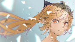 Rule 34 | 1girl, black bow, blonde hair, blurry, bow, brown eyes, cauchyconjugacy, closed mouth, commentary request, dark-skinned female, dark skin, depth of field, floating hair, from side, hair bow, highres, hololive, long hair, pointy ears, ponytail, portrait, shiranui flare, smile, solo, striped, striped bow, v-shaped eyebrows, virtual youtuber