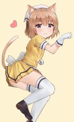 Rule 34 | 1girl, absurdres, animal ears, black footwear, blend s, blush, brown hair, cat ears, cat tail, from side, heart, highres, hoshikawa mafuyu, looking at viewer, paw pose, purple eyes, racchi., shoes, short hair, standing, standing on one leg, stile uniform, sweatdrop, tail, thighhighs, waitress, white thighhighs