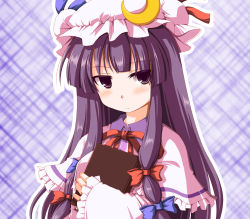 Rule 34 | 1girl, :/, blush, book, capelet, commentary request, crescent, dress, hair between eyes, hair ribbon, hat, kinagi yuu, long hair, looking at viewer, patchouli knowledge, purple eyes, purple hair, ribbon, simple background, solo, touhou