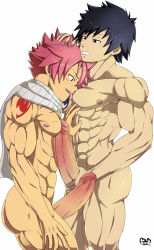 Rule 34 | 2boys, abs, ass, bara, black hair, blush, erection, fairy tail, gray fullbuster, hand on head, highres, huge penis, huge testicles, licking, lostanemone, male focus, multiple boys, muscular, natsu dragneel, nipples, nude, open mouth, pectorals, penis, pink hair, scarf, short hair, simple background, teeth, testicles, tongue, tongue out, wince, yaoi
