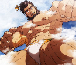 Rule 34 | 1boy, abs, artist logo, artist name, bara, beard, blue eyes, brown hair, bulge, cloud, cloudy sky, covered erect nipples, duran (gyee), facial hair, feet out of frame, from below, giant, gyee, large pectorals, leomon32, looking at viewer, looking down, male focus, male swimwear, manly, mature male, multicolored male swimwear, multicolored swim briefs, muscular, muscular male, navel, nipples, no pants, open mouth, pectorals, short hair, sky, solo, spiked hair, sunlight, swim briefs, teeth, thick arms, thick eyebrows, thick thighs, thighs, tongue, topless male, white male swimwear, white swim briefs