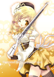 Rule 34 | 10s, 1girl, 2012, bad id, bad pixiv id, blonde hair, breasts, drill hair, gloves, gun, hat, highres, koge donbo, magical girl, magical musket, mahou shoujo madoka magica, mahou shoujo madoka magica (anime), musket, one eye closed, rifle, short hair, smile, thighhighs, tomoe mami, twin drills, twintails, weapon, wink, yellow eyes