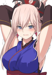 Rule 34 | 1girl, armpits, arms behind head, blue eyes, blush, breasts, earth (planet), fate/grand order, fate (series), folded ponytail, japanese clothes, kimono, long hair, miyamoto musashi (fate), miyamoto musashi (first ascension) (fate), open mouth, pink hair, planet, shiseki hirame, simple background, sleeveless, solo, sweatdrop, trembling, white background