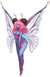 Rule 34 | 1girl, absurdres, antennae, arthropod girl, between legs, blue skin, body markings, breasts, bug, butterfly wings, cleavage, colored skin, covered erect nipples, fairy, fairy wings, floating, hair ornament, hand between legs, highres, insect wings, large breasts, long hair, looking at viewer, monster girl, multicolored skin, navel, nude, original, pink fur, pink hair, pink skin, red eyes, smirk, sora sakura, stomach, thick thighs, thighs, toenails, tongue, tongue out, two-tone skin, white background, wings