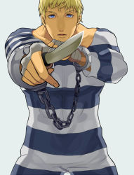 Rule 34 | 1boy, bandages, blonde hair, blue eyes, capcom, cody travers, cuffs, facial hair, handcuffs, holding, knife, male focus, muscular, ohji130, outstretched arm, outstretched hand, prison clothes, ringed eyes, simple background, solo, standing, street fighter, street fighter iv (series), stubble, weapon