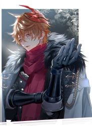 Rule 34 | 1boy, absurdres, black gloves, blue eyes, coat, commentary request, earrings, fur-trimmed coat, fur trim, genshin impact, gloves, hair between eyes, highres, jewelry, looking at viewer, male focus, mask, mask on head, orange hair, parted lips, pottsness, red mask, red scarf, scarf, simple background, single earring, solo, tartaglia (genshin impact), upper body, white coat