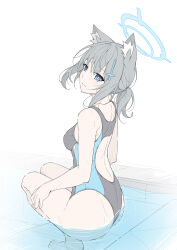 Rule 34 | 1girl, animal ear fluff, animal ears, ass, back, back cutout, bare legs, barefoot, black one-piece swimsuit, blue archive, blue eyes, blush, breasts, clothing cutout, commentary, competition swimsuit, cross, cross hair ornament, extra ears, flat color, grey hair, hair ornament, halo, highres, inverted cross, low ponytail, masabodo, medium breasts, medium hair, mismatched pupils, official alternate costume, one-piece swimsuit, ponytail, shiroko (blue archive), shiroko (swimsuit) (blue archive), sidelocks, simple background, soles, solo, swimsuit, symbol-only commentary, wolf ears