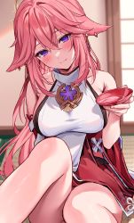 Rule 34 | 1girl, absurdres, animal ears, bare shoulders, blush, breasts, closed mouth, commentary request, cup, detached sleeves, drink, earrings, floppy ears, fox ears, genshin impact, hair between eyes, hair ornament, highres, hizuki higure, holding, holding cup, indoors, japanese clothes, jewelry, knee up, large breasts, long hair, looking at viewer, nontraditional miko, paid reward available, pink hair, purple eyes, red skirt, sakazuki, shirt, sidelocks, sitting, skirt, sleeveless, sleeveless shirt, solo, thighs, turtleneck, wide sleeves, yae miko