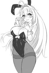 Rule 34 | 1girl, ahoge, animal ears, bare shoulders, blush, breasts, cleavage, copyright request, detached sleeves, fake animal ears, greyscale, hair intakes, highleg, highleg leotard, highres, large breasts, leotard, long hair, miyabi urumi, monochrome, open mouth, pantyhose, playboy bunny, rabbit ears, simple background, smile, solo, white background, wrist cuffs