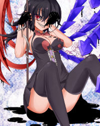Rule 34 | 1girl, adapted costume, alternate wings, asymmetrical wings, black dress, black hair, black thighhighs, bow, bowtie, breasts, cleavage, covering one eye, dress, dripping, grin, houjuu nue, long hair, looking at viewer, melting, nyasaku, pointy ears, polearm, red eyes, sitting, sleeveless, sleeveless dress, slit pupils, smile, snake, solo, thighhighs, touhou, weapon, wings