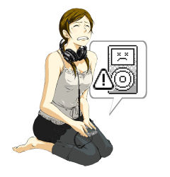 Rule 34 | 1girl, 71 (nanaichi drafting), barefoot, brown hair, camisole, clenched teeth, closed eyes, digital media player, frown, hair ornament, hairclip, headphones, headphones around neck, ipod, lowres, original, pants, sitting, solo, tears, teeth, twintails, wariza
