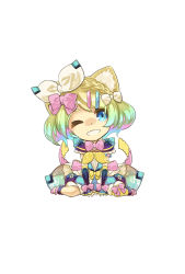 Rule 34 | 1girl, animal ears, arm support, azuma kazamori, black sleeves, blonde hair, blue bow, blue hair, bow, braid, cat ears, cat girl, chibi, colored inner hair, detached sleeves, grin, hair bow, head tilt, highres, kagamine rin, kemonomimi mode, looking at viewer, magical mirai (vocaloid), magical mirai rin (2018), multicolored hair, on ground, one eye closed, pink bow, simple background, sitting, sleeves past wrists, smile, solo, vocaloid, wariza, white background, white bow, yellow bow