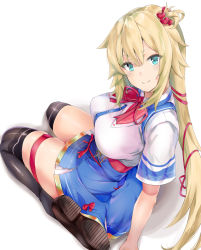 Rule 34 | 1girl, akai haato, akai haato (1st costume), black thighhighs, blonde hair, blouse, blue eyes, breasts, brown footwear, bzzuki, closed mouth, from behind, hair ornament, heart, heart hair ornament, highres, hololive, large breasts, long hair, looking at viewer, looking back, one side up, shirt, simple background, sitting, smile, solo, thigh strap, thighhighs, thighs, very long hair, virtual youtuber, white background, white shirt