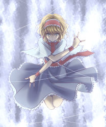 Rule 34 | 1girl, alice margatroid, blonde hair, capelet, dress, frills, green eyes, hairband, jewelry, nip to chip, puppet rings, ribbon, ring, sash, short hair, solo, string, touhou, wrist cuffs