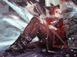 Rule 34 | 1girl, arknights, black footwear, black hat, black pantyhose, city, commentary request, frostleaf (arknights), full body, hat, headphones, highres, holding, holding weapon, ice, implied extra ears, jacket, long hair, mo ne, one eye closed, pantyhose, red eyes, red jacket, sandbag, shirt, silver hair, snow, solo, teeth, weapon