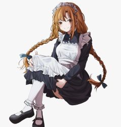 Rule 34 | 1girl, alternate costume, apron, asuna (sao), black dress, black footwear, bow, braid, brown eyes, brown hair, c:, closed mouth, dress, enmaided, feet out of frame, floating hair, hair between eyes, hair bow, long hair, long sleeves, looking at viewer, maid, maid headdress, mary janes, no nose, shi-tsu, shoes, simple background, sitting, smile, socks, solo, sword art online, twin braids, twintails, very long hair, white apron, white background, white socks