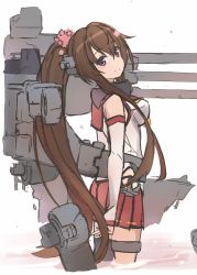 Rule 34 | 1girl, brown hair, cherry blossoms, cowboy shot, detached sleeves, flower, hair flower, hair ornament, highres, hip vent, kantai collection, long hair, looking at viewer, machinery, minosu, ponytail, red eyes, red sailor collar, red skirt, sailor collar, skirt, smile, solo, unfinished, yamato (kancolle)