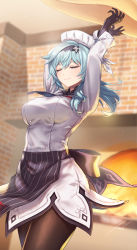 Rule 34 | 1girl, absurdres, anbe yoshirou, apron, arms up, black apron, black gloves, black hairband, black pantyhose, blue hair, blue necktie, blurry, blurry background, breasts, closed eyes, closed mouth, dress, eula (genshin impact), genshin impact, gloves, hairband, highres, indoors, large breasts, light blue hair, long sleeves, medium hair, necktie, pantyhose, smile, solo, standing, white dress