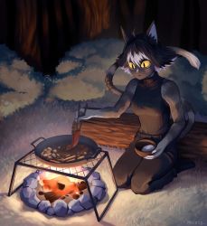 Rule 34 | absurdres, animal ears, bowl, cat ears, cat girl, cooking, fire, highres, ocatg, on ground, outdoors, ribbed sweater, rice bowl, sweater, tagme, tail, tail ornament, yellow eyes