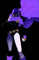 Rule 34 | 1girl, :/, absurdres, adjusting clothes, belt, black background, black leotard, blending, boots, clenched hand, cloak, closed mouth, colored skin, dc comics, feet out of frame, floating cape, gem, glowing, glowing eyes, grey skin, hand up, highres, hood, hood up, isaacchief300, knees, leotard, long sleeves, looking at viewer, purple cloak, purple cuffs, purple eyes, purple footwear, raven (dc), red gemstone, shaded face, sleeve cuffs, solo, standing, straight-on, superhero costume, teen titans, thighs