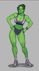 Rule 34 | 1girl, abs, absurdres, alternate hairstyle, artist request, bare arms, bare legs, bare shoulders, blanclauz, blush, breasts, colored skin, curvy, full body, green eyes, green hair, green skin, hands on own hips, highres, large breasts, lips, long hair, looking at viewer, marvel, muscular, muscular female, ponytail, she-hulk, shiny skin, shoes, simple background, skin tight, smile, sneakers, solo, sports bikini, standing, superhero costume, two side up, wide hips