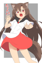 Rule 34 | 1girl, adapted costume, animal ear fluff, animal ears, blush, brooch, brown hair, commentary request, fang, gao, grey background, hands up, highres, imaizumi kagerou, jewelry, kazawa (tonzura-d), long hair, looking at viewer, open mouth, red eyes, red skirt, shirt, short sleeves, skin fang, skirt, solo, tail, touhou, very long hair, white shirt, wolf ears, wolf tail