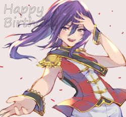 Rule 34 | 1girl, band uniform, bang dream!, confetti, epaulettes, grey background, hair between eyes, hand on head, hand on own forehead, happy birthday, long hair, looking at viewer, open mouth, outstretched hand, ponytail, purple eyes, purple hair, rokuromi, sash, seta kaoru, shirt, simple background, sleeveless, sleeveless shirt, smile, solo, upper body, wrist cuffs