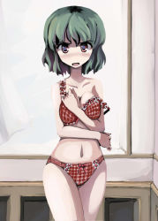Rule 34 | 1girl, annoyed, bikini, blush, bra, breasts, cleavage, covering privates, covering breasts, d:, d:&lt;, embarrassed, female focus, frown, gatau, green hair, hip focus, indoors, kazami yuuka, lingerie, looking at viewer, navel, nose blush, open mouth, panties, plaid, plaid bra, plaid panties, red eyes, short hair, solo, standing, stomach, strap slip, swimsuit, touhou, underwear, underwear only, v-shaped eyebrows, wide hips