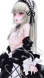 Rule 34 | 00s, 1girl, bad id, bad pixiv id, barbed wire, blush, clothes pull, doll, doll joints, dress pull, flat chest, hairband, joints, kawanakajima, open mouth, red eyes, rozen maiden, silver hair, simple background, solo, suigintou, white background