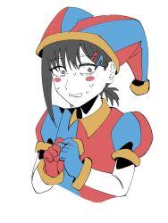 Rule 34 | 1girl, asymmetrical gloves, black hair, blue eyes, blue gloves, blue hat, blush stickers, chainsaw man, cosplay, gloves, hair ornament, hairclip, hat, hat bell, higashiyama kobeni, highres, jester, jester cap, jester costume, multicolored clothes, multicolored hat, nervous, nervous sweating, pomni (the amazing digital circus), pomni (the amazing digital circus) (cosplay), puffy sleeves, red eyes, red gloves, red hat, short hair, short ponytail, simple background, single sidelock, solo, striped clothes, striped headwear, sweat, teeth, the amazing digital circus, two-tone eyes, upper body, vertical-striped bodysuit, vertical-striped clothes, vertical-striped headwear, white background, y7u7e7