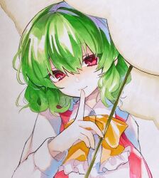 Rule 34 | 1girl, ascot, bow, bowtie, closed mouth, finger to mouth, frilled bow, frills, green hair, hair between eyes, half-closed eyes, highres, index finger raised, kazami yuuka, light brown hair, long sleeves, looking at viewer, moni monico, parasol, portrait, red eyes, red shirt, red vest, shirt, short hair, solo, touhou, traditional media, umbrella, upper body, vest, wavy hair, white sleeves