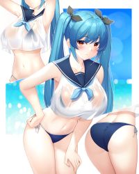 Rule 34 | 1girl, armpits, arms up, ass, bare arms, bare shoulders, bikini, blue bikini, blue hair, breasts, cowboy shot, crop top, crop top overhang, dungeon and fighter, hair ribbon, hand on own hip, hand on own thigh, highres, large breasts, leaning forward, long hair, looking at viewer, maemi (maemi12), midriff, navel, neckerchief, no pants, parted lips, red eyes, ribbon, sailor collar, sailor shirt, see-through, shirt, side-tie bikini bottom, sidelocks, sleeveless, sleeveless shirt, solo, standing, stomach, string bikini, swimsuit, thighs, twintails, wet, wet clothes, wet shirt, white shirt