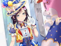 Rule 34 | 2girls, bad id, bad pixiv id, balloon, bang dream!, black hair, blue eyes, blue hat, blurry, blurry foreground, blush, center frills, character hair ornament, commentary request, corset, cross-laced clothes, earrings, fireworks, frilled shirt collar, frills, gen (gen m gen), gloves, hair ornament, hat, hat ribbon, highres, hood, hoodie, jewelry, michelle (bang dream!), multiple girls, okusawa misaki, playing with own hair, ribbon, short hair, short sleeves, smile, sparkler, striped clothes, striped headwear, striped ribbon, striped vest, top hat, unworn hoodie, upper body, vertical-striped clothes, vertical-striped headwear, vertical-stripes, vest, white gloves, white ribbon