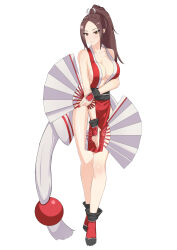 Rule 34 | 1girl, bare shoulders, breasts, brown eyes, brown hair, cleavage, dual wielding, ex42039, fatal fury, full body, hand fan, high ponytail, highres, holding, japanese clothes, large breasts, long hair, looking at viewer, ninja, pelvic curtain, ponytail, revealing clothes, shiranui mai, sideboob, smile, snk, solo, tabi, the king of fighters, thighs, white background